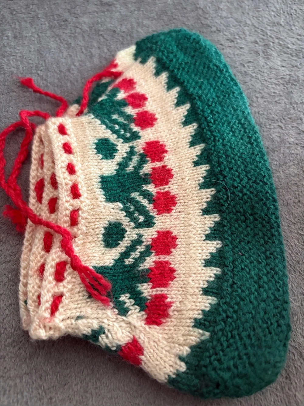 Hand-Knit Kids Slipper Sock in Green, Cream & Red handmade